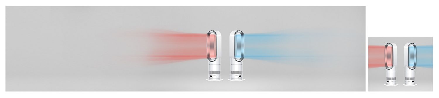 The Dyson Hot+Cool HF1 Remote Link Pre-heat heater and cooling fan cools a room with powerful airflow.
